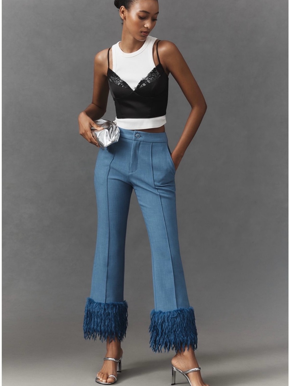 Anthropologie Maeve Cuffed Plush Cropped Party Pants Blue Feather Trim